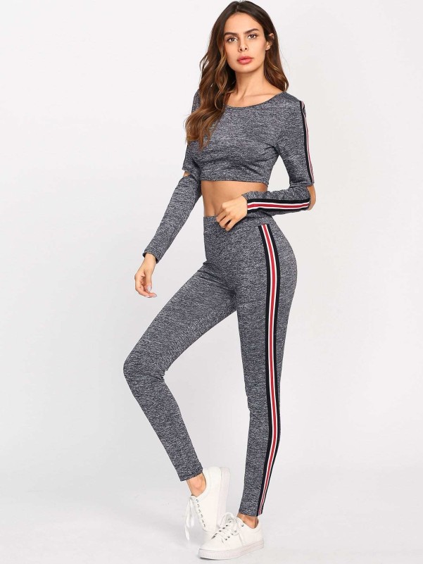 Open Elbow Marled Striped Tee & Leggings Set