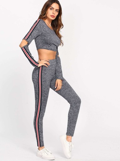 Open Elbow Marled Striped Tee & Leggings Set