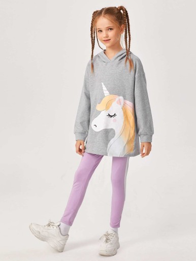 SHEIN Girls Drop Shoulder Unicorn Print Hooded Top & Striped Side Leggings Set