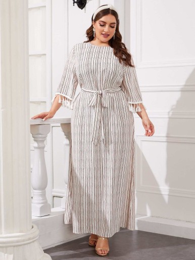 SHEIN Plus Tassel Trim Dot & Striped Print Belted Dress
