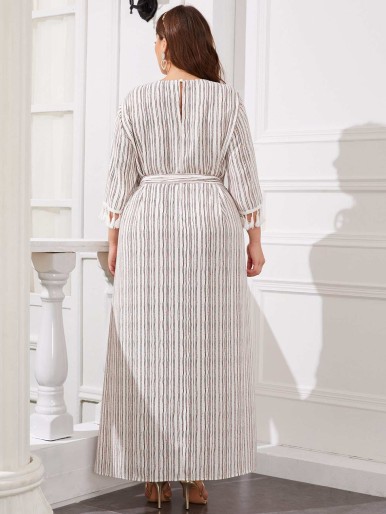 SHEIN Plus Tassel Trim Dot & Striped Print Belted Dress