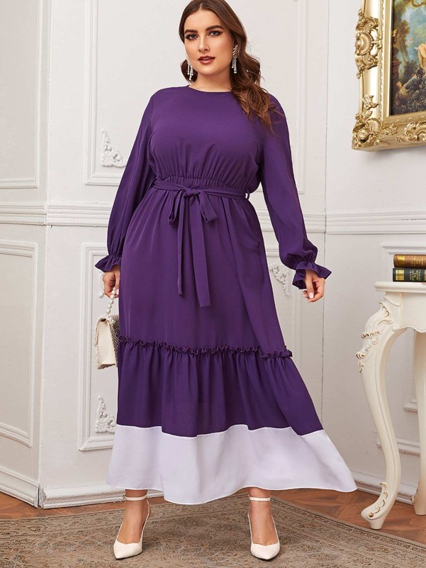 SHEIN Purple Elegant Colorblock Ruffle Sheath Plus Size Dresses
