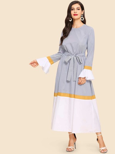 SHEIN Waist Belted Bell Sleeve Color Block Dress