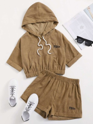 Corduroy Letter Embroidery Crop Hooded Top & Shorts