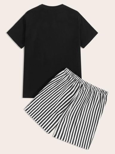 SHEIN Men Slogan Graphic Tee and Striped Shorts PJ Set