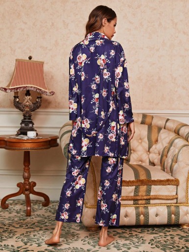3pcs Allover Floral Lace Trim Cami PJ Set & Belted Robe