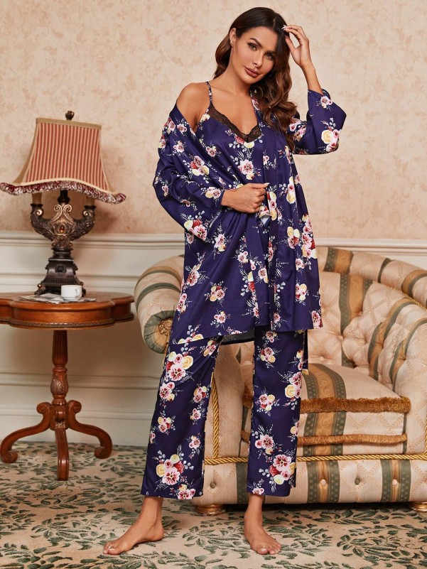 3pcs Allover Floral Lace Trim Cami PJ Set & Belted Robe