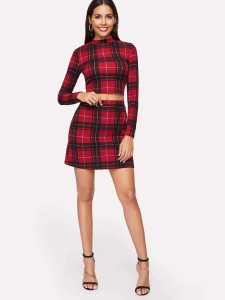 Plaid Skinny Top & Skirt Set