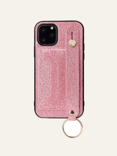 1pc Glitter Hand Strap iPhone Case With Card Slot