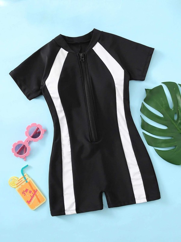 Girls Color Block Zip up One Piece Swimsuit