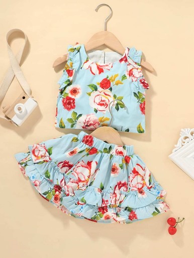 Toddler Girls Floral Tank Top With Layered Skirt