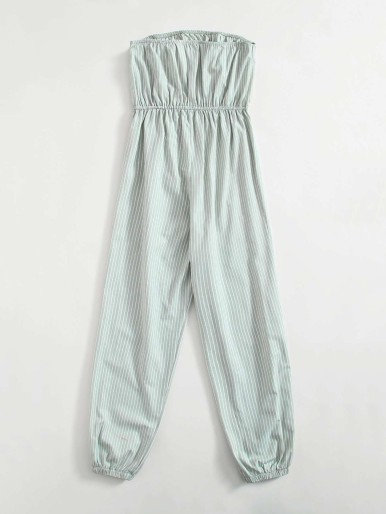 Plus Striped Button Front Tube Jumpsuit