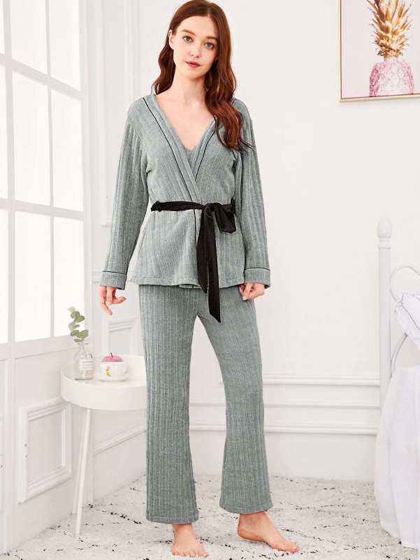 Solid Cami Pajama Set With Wrap Robe