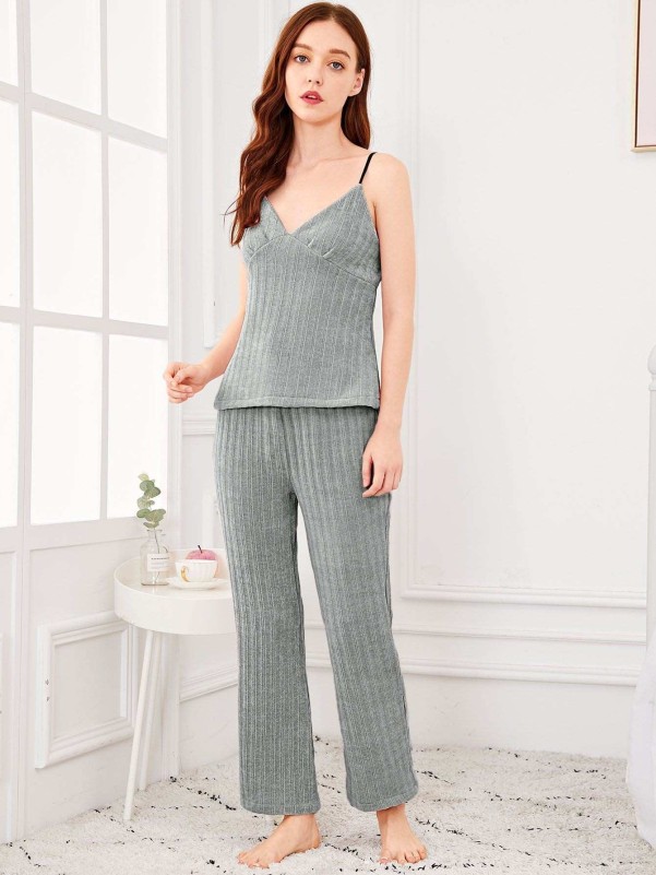 Solid Cami Pajama Set With Wrap Robe