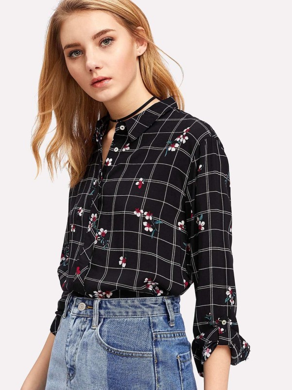 SHEIN Hidden Button Floral & Grid Blouse