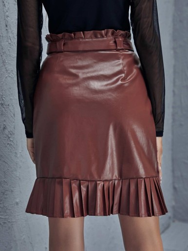 Paperbag Waist Pleated Hem Leather Look Skirt
