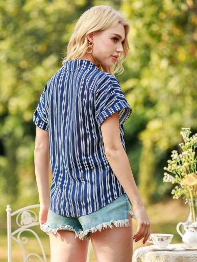 Vertical Striped Button Up Blouse