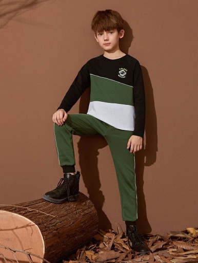 SHEIN Boys Letter Graphic Colorblock Pullover & Sweatpants Set