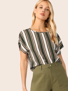 SHEIN Keyhole Back Colorblock Striped Top