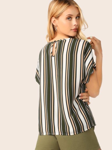 SHEIN Keyhole Back Colorblock Striped Top