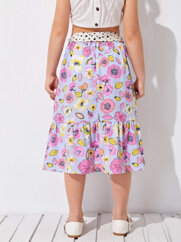 SHEIN Girls Floral Ruffle Hem Skirt With Belt
