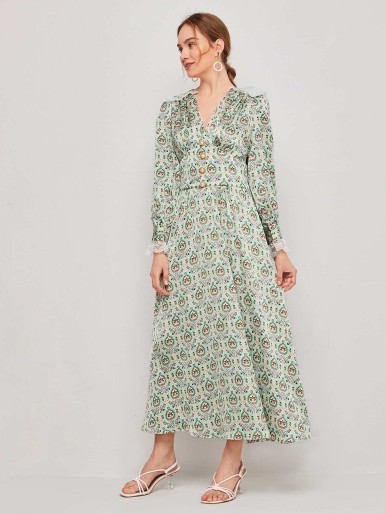 SHEIN V-neck Contrast Lace Detail Allover Print Dress