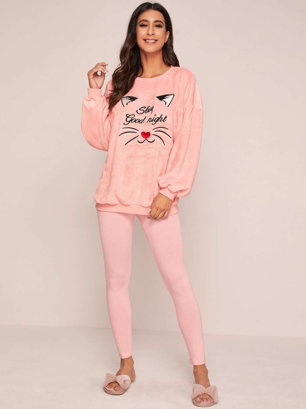 SHEIN Slogan Embroidery Fuzzy Pullover & Leggings PJ Set