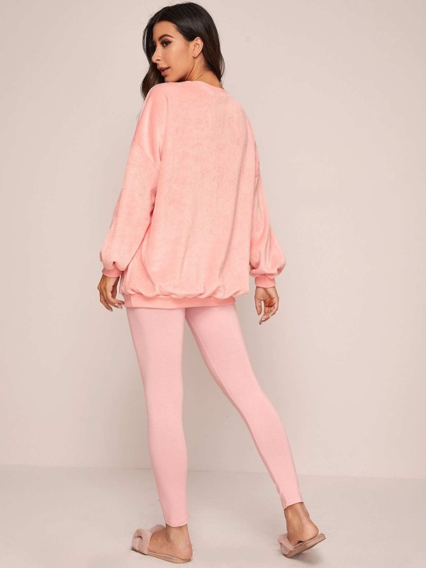 SHEIN Slogan Embroidery Fuzzy Pullover & Leggings PJ Set