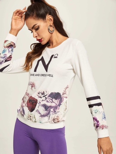 Letter And Flower Print Sweatshirt