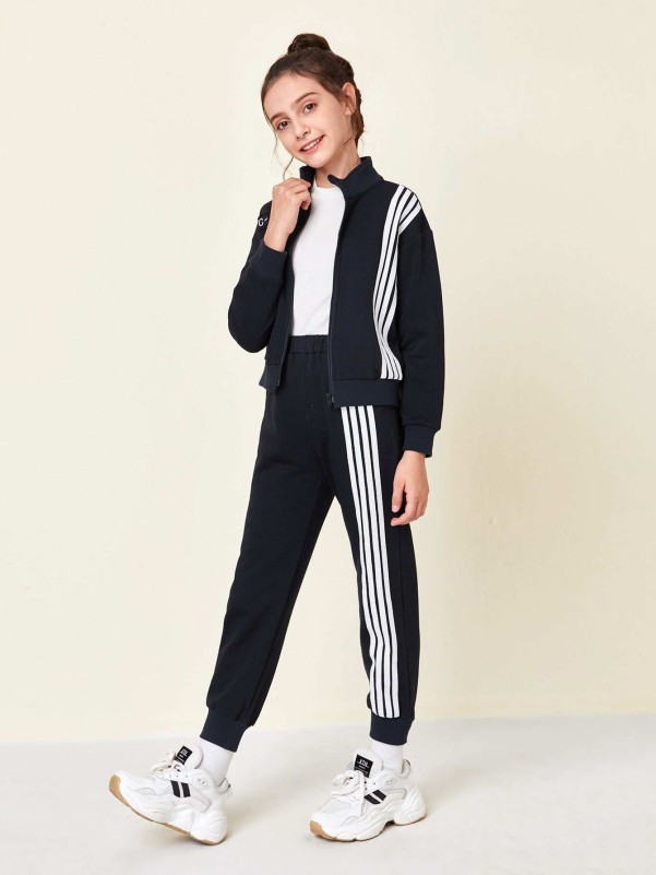 SHEIN Zip Front Striped Sweatshirt & Pants Set
