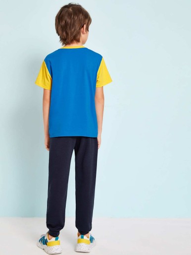 SHEIN Boys Letter Graphic Color Block Tee & Sweatpants Set