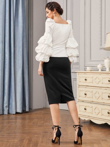 SHEIN Sweetheart Neck Bishop Sleeve Top & Skirt Set