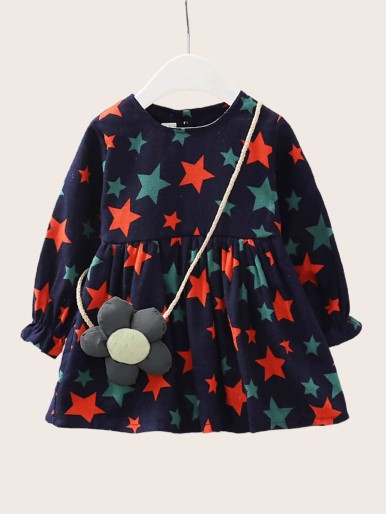 Toddler Girls Half Button Star Print Smock Dress