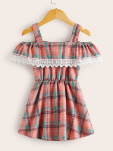 Toddler Girls Contrast Lace Plaid Cold Shoulder Dress