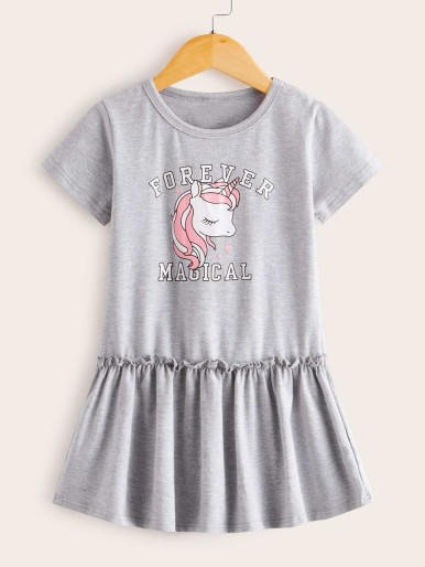 Toddler Girls Unicorn Letter Graphic Frill Babydoll Dress