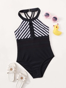 Girls Striped Contrast Mesh One Piece Swimsuit