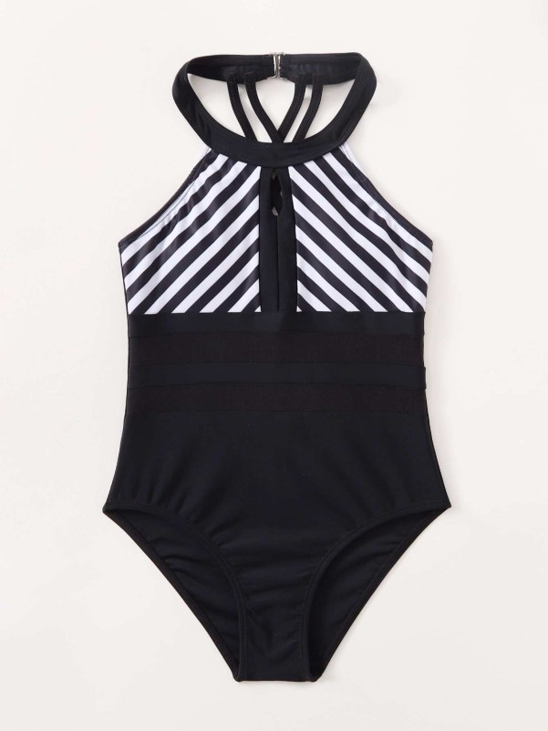 Girls Striped Contrast Mesh One Piece Swimsuit