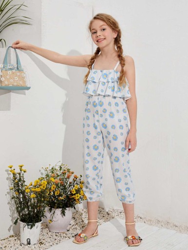 SHEIN Girls Ruffle Trim Daisy Floral Jumpsuit