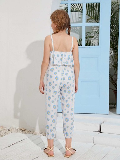 SHEIN Girls Ruffle Trim Daisy Floral Jumpsuit