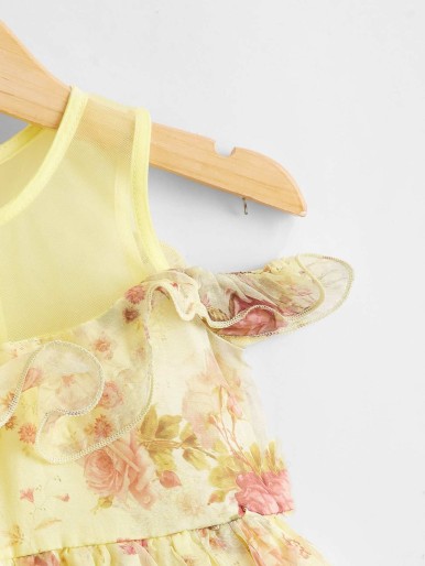 Toddler Girls Floral Appliques Mesh Insert Smock Dress