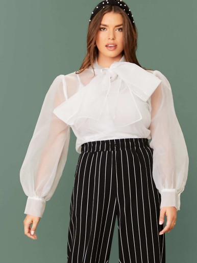 SHEIN Plus Tie Neck Lantern Sleeve Sheer Organza Blouse Without Camisole