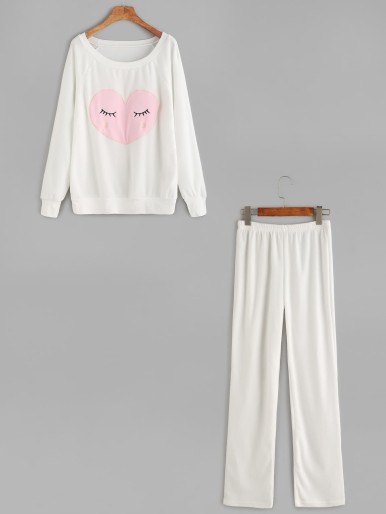 White Raglan Sleeve Embroidered Sweatshirt With Pants