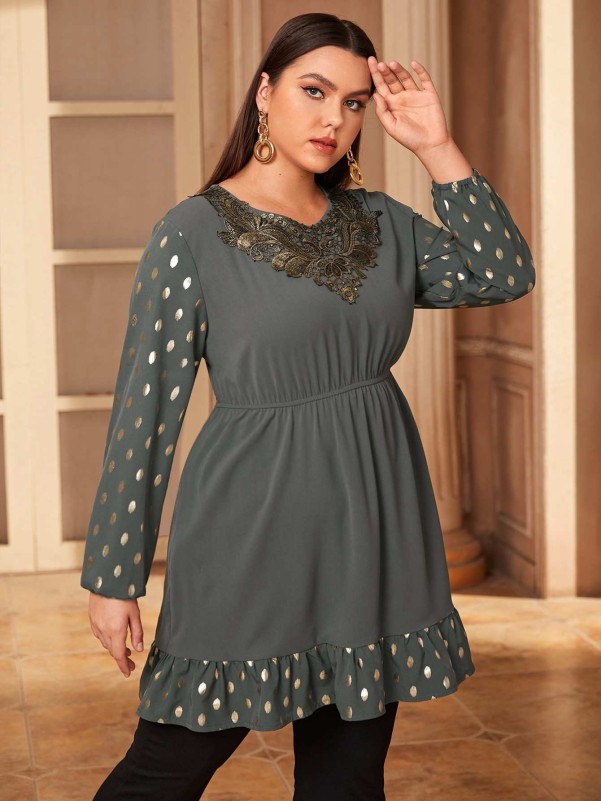 Plus Gold Dot Embroidery Longline Blouse