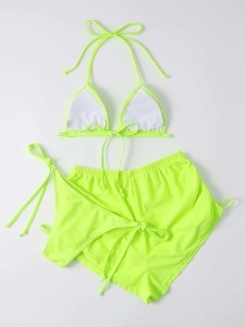 3pack Neon Lime Halter Bikini Swimsuit & Beach Shorts