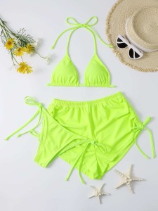 3pack Neon Lime Halter Bikini Swimsuit & Beach Shorts