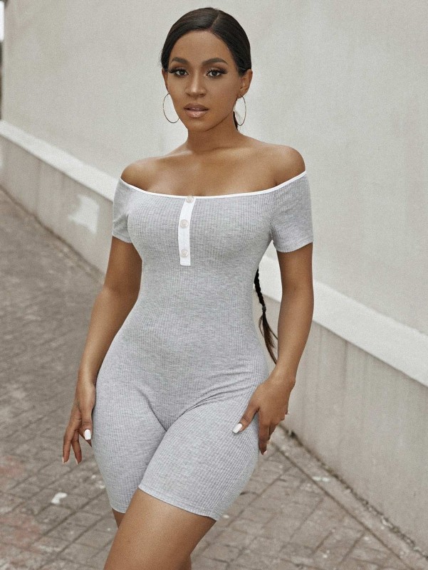 Off Shoulder Half Button Unitard Romper