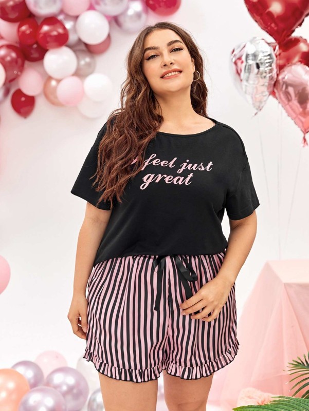 SHEIN Plus Letter Graphic Tee & Striped Knot Front Ruffle Hem