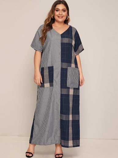 Plus Striped Plaid Print Kaftan Dress