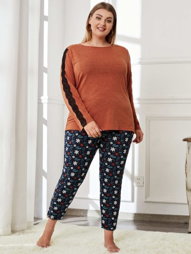 SHEIN Plus Lace Detail Tee & All Over Print Pants PJ Set