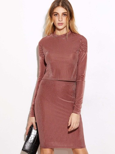 Burgundy Striped Velvet Top With Pencil Skirt